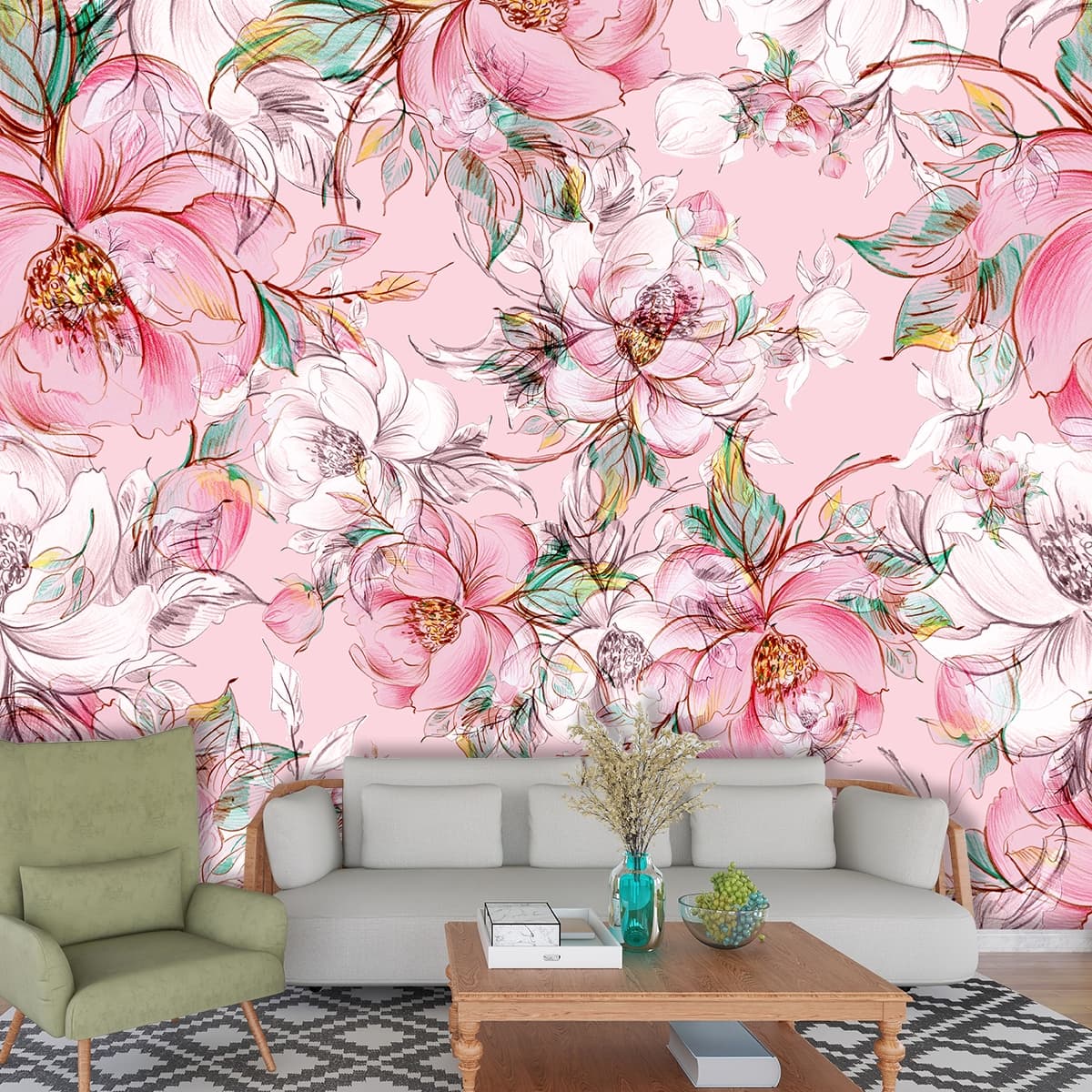 Pink Flower Pattern Wallpaper Mural shown in a room