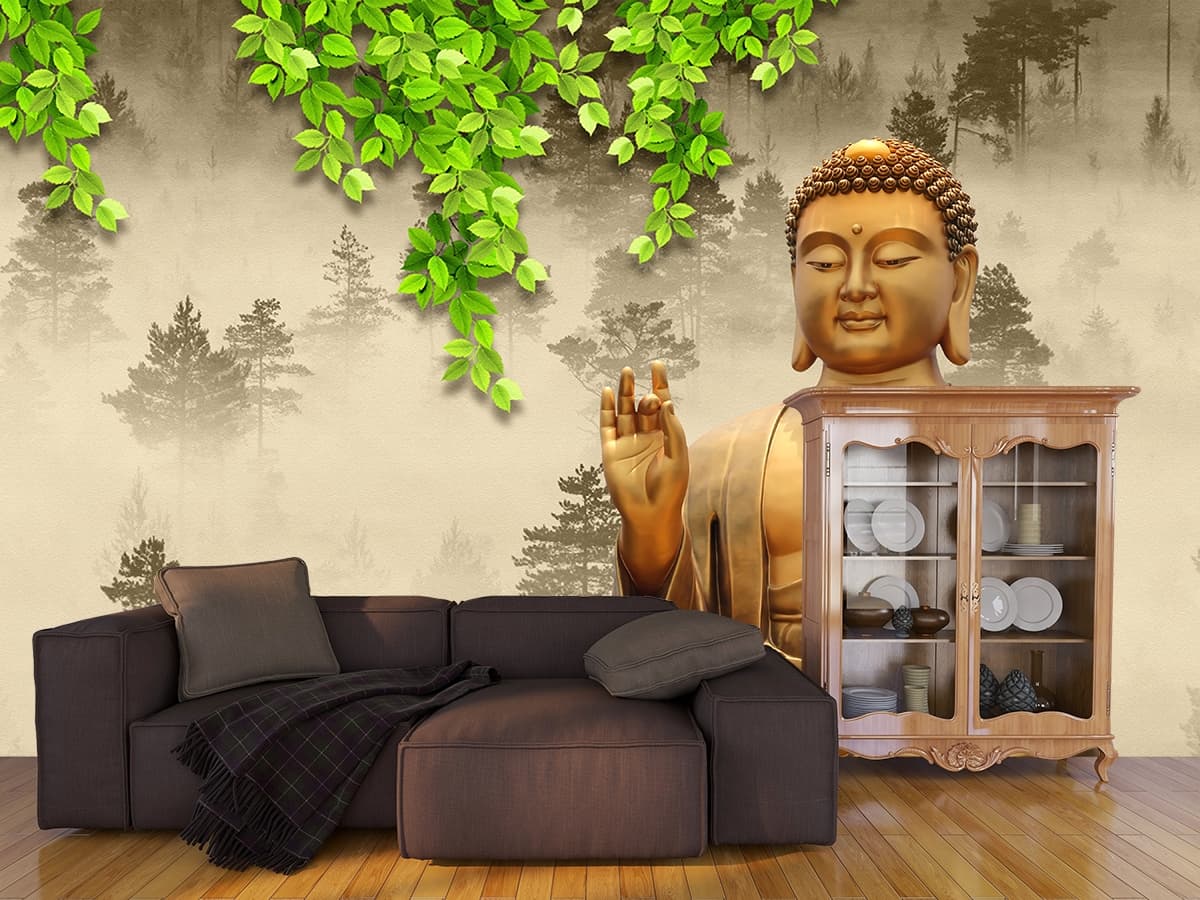 3D Effect Gold Elegance Buddha Mural Wallpaper shown in a room