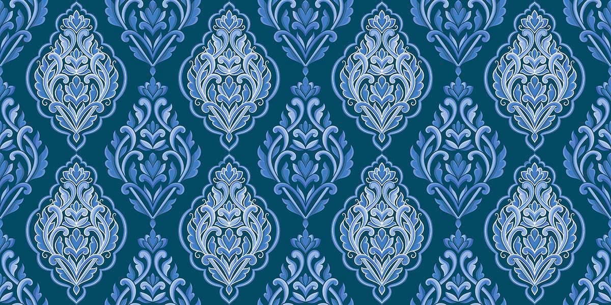 Blue and White Damask Pattern Wallpaper for Bathroom pattern detail
