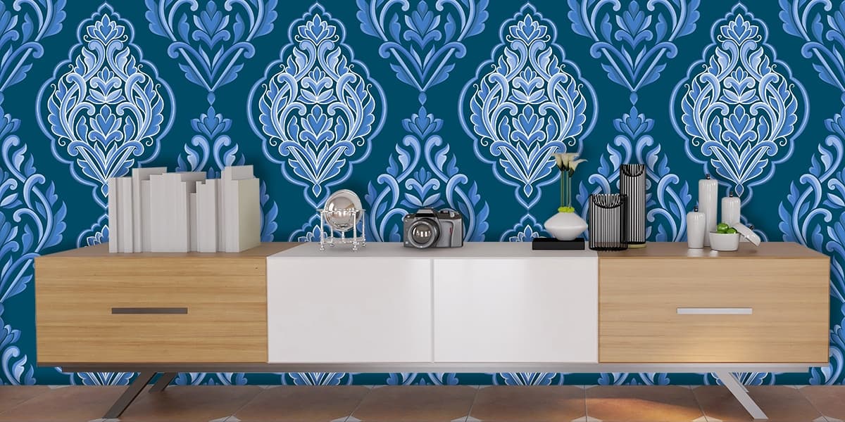 Blue and White Damask Pattern Wallpaper for Bathroom shown in a room