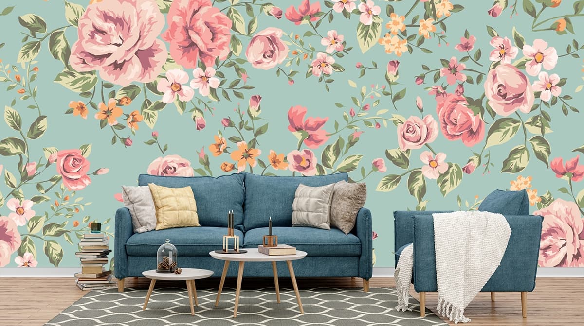 Pink and Orange Flower Wallpaper shown in a room