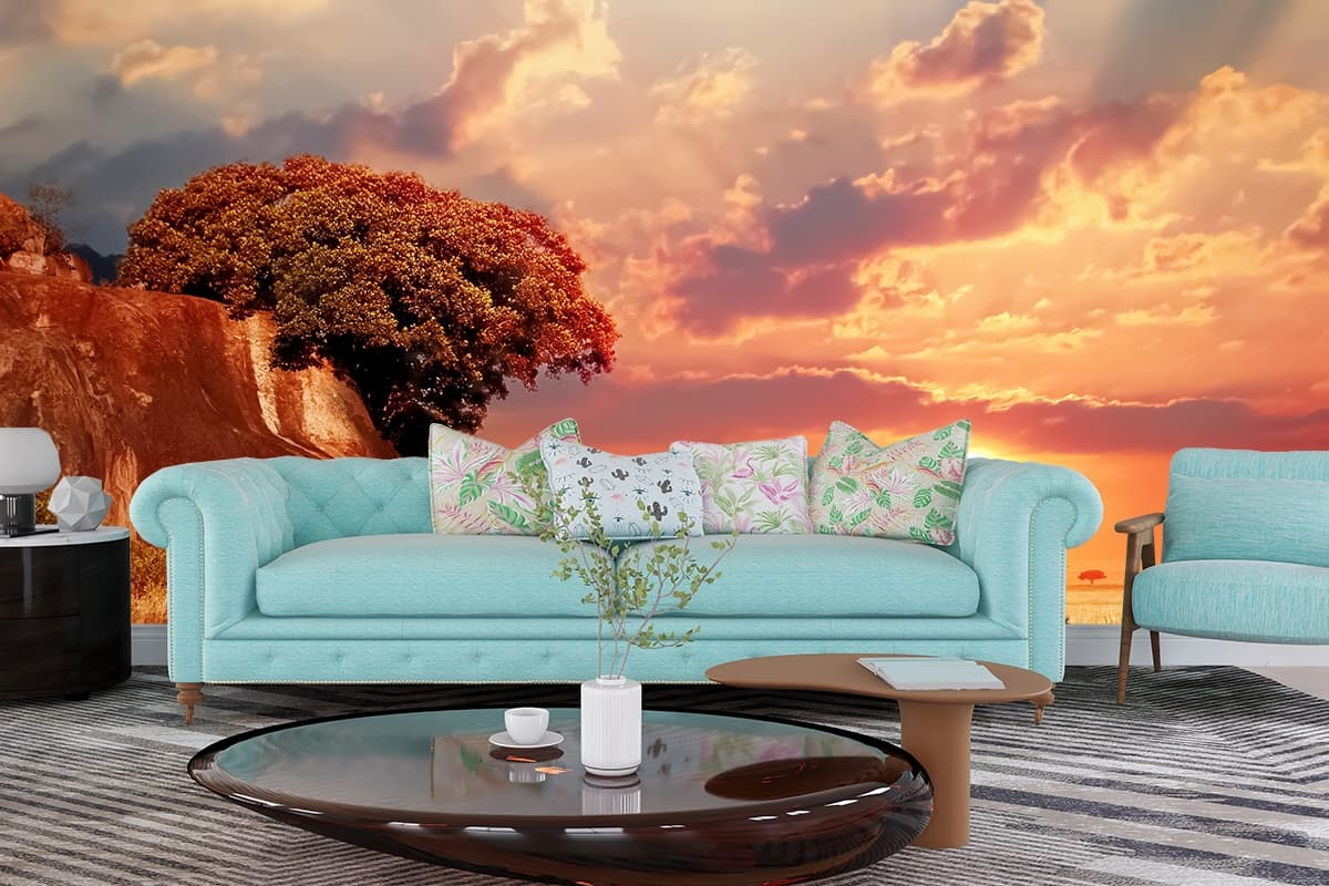 Elegant 3D Sculpted Tree Art on Golden Wall Wallpaper shown in a room