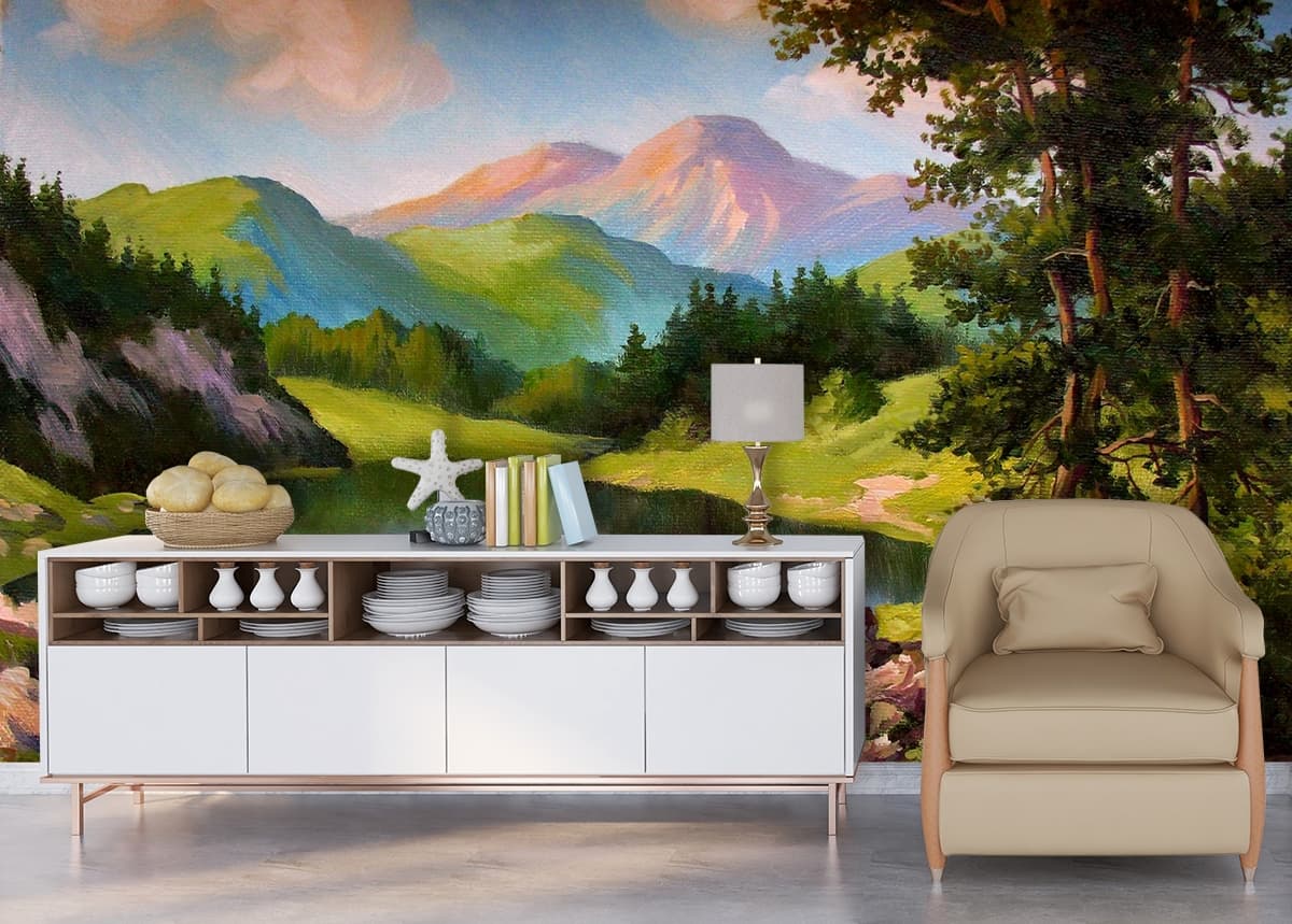 Lush Green Valley and Waterfall Wallpaper shown in a room