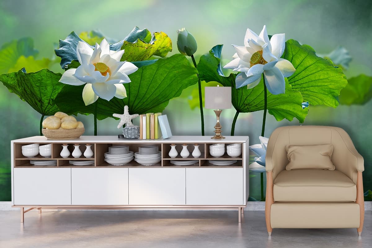 Modern Large White Lotus Nature Style Wallpaper shown in a room