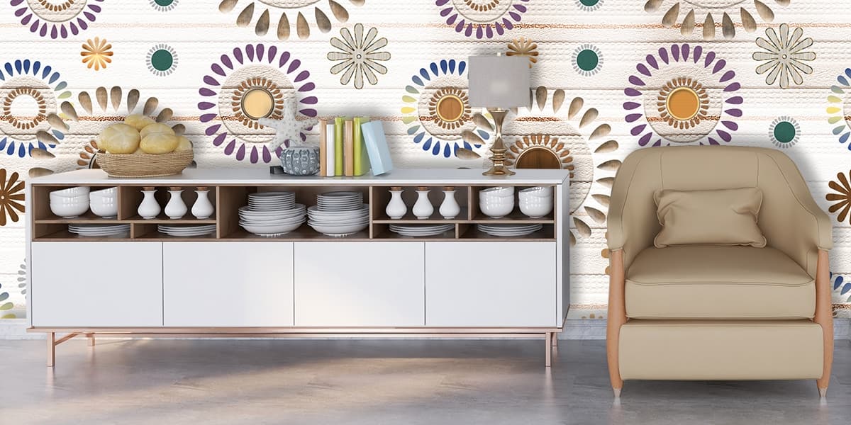 A Pattern of Circular Flowers Wallpaper for Walls shown in a room