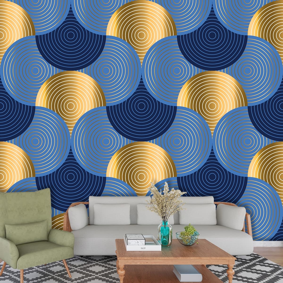 Blue and Gold Circle Pattern Wallpaper shown in a room