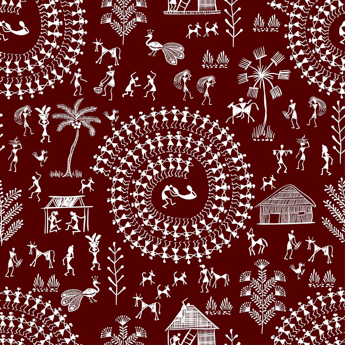 Warli Art Red White People Pattern Wallpaper pattern detail