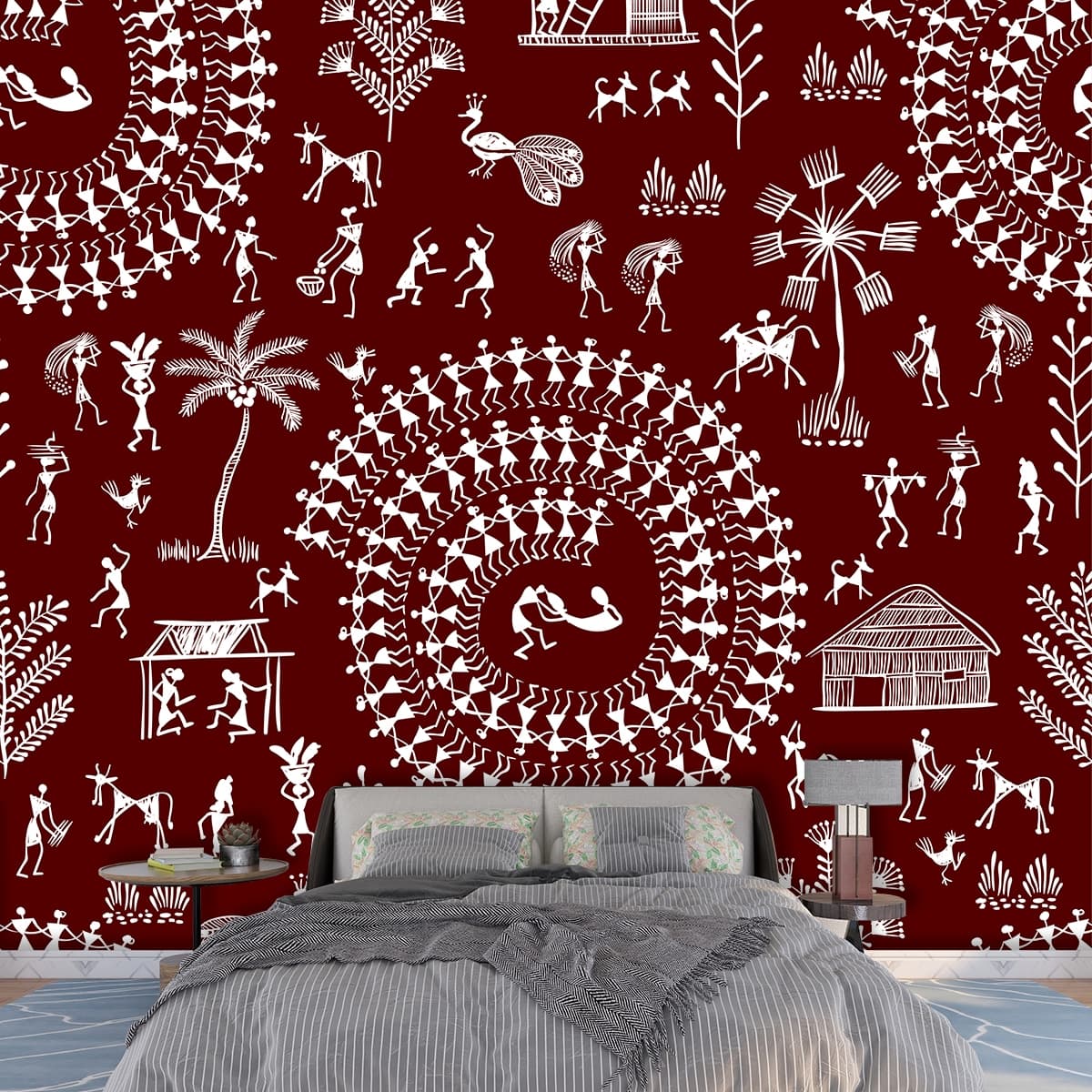 Warli Art Red White People Pattern Wallpaper shown in a room