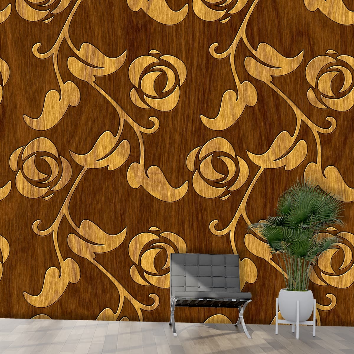 Wooden Floral Surface Pattern Design Wallpaper shown in a room
