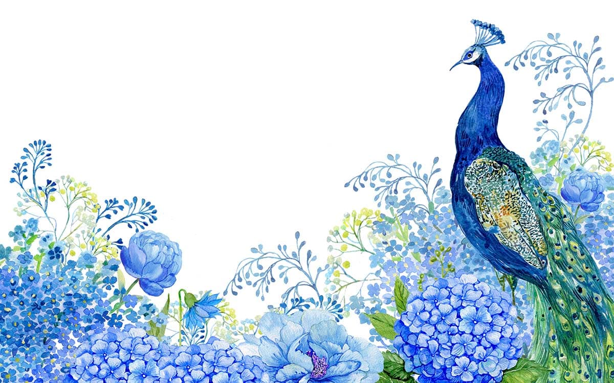 Watercolor Peacock and Flowers Wallpaper pattern detail