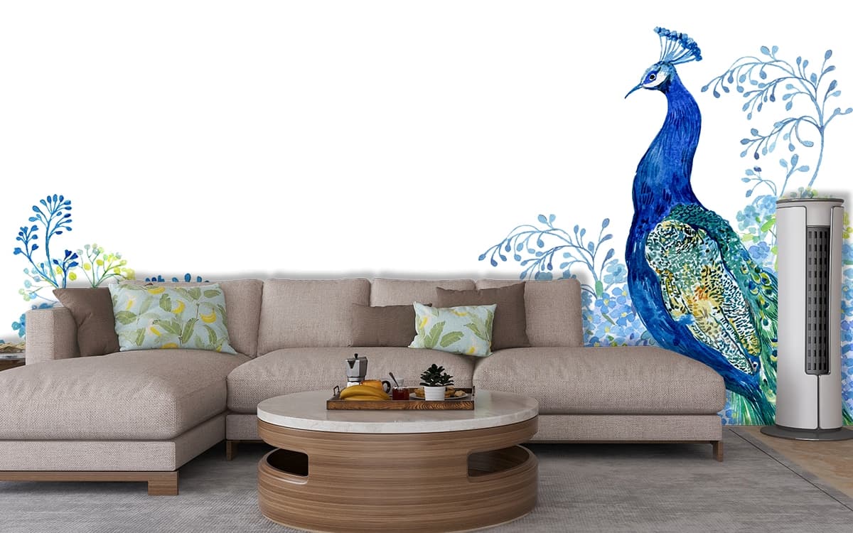 Watercolor Peacock and Flowers Wallpaper shown in a room