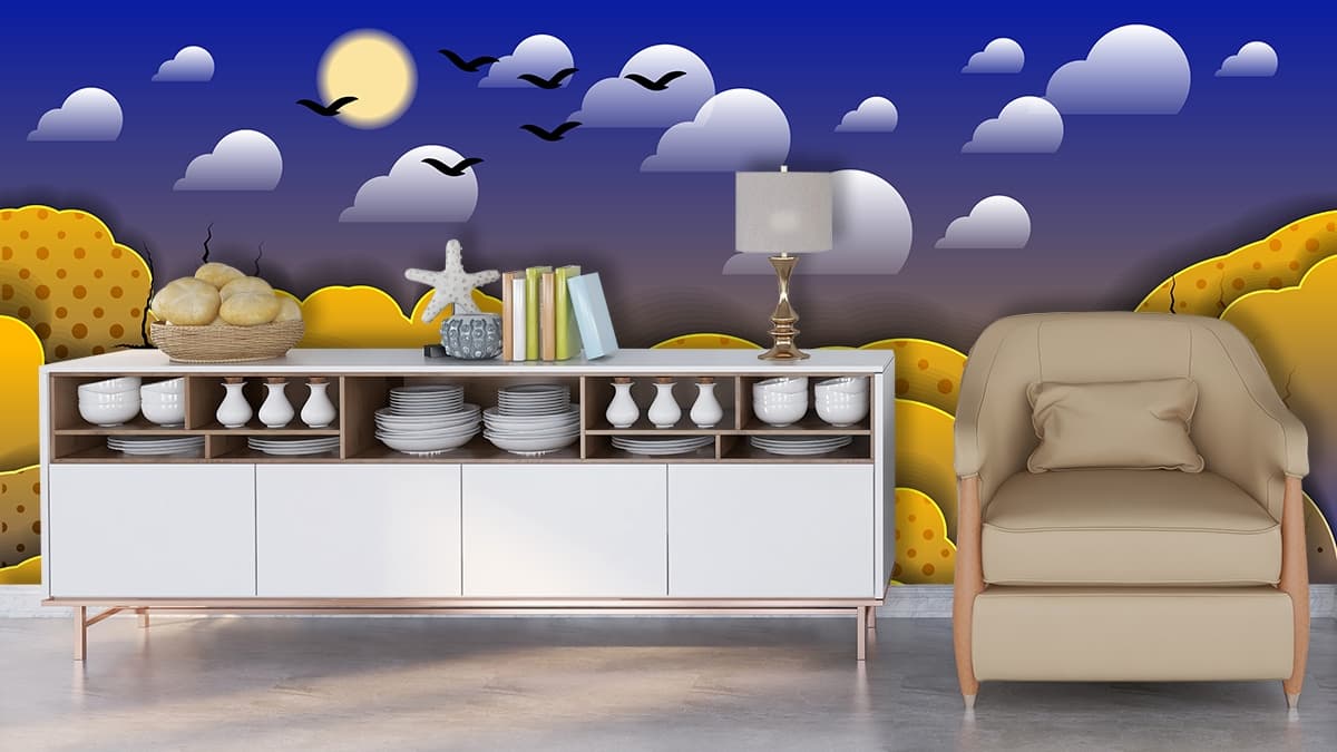Designer Nature Scene with Mountains and Trees Wallpaper shown in a room
