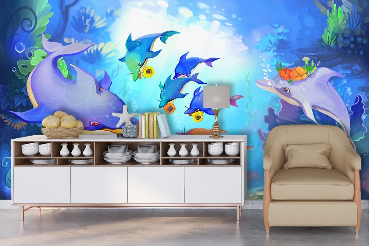 A Wallpaper Mural Sharks in Ocean Marine Life Wallpaper for Kids shown in a room