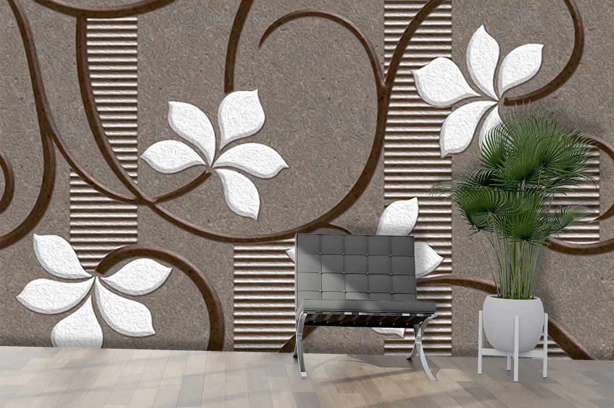 A wallpaper with white flowers shown in a room