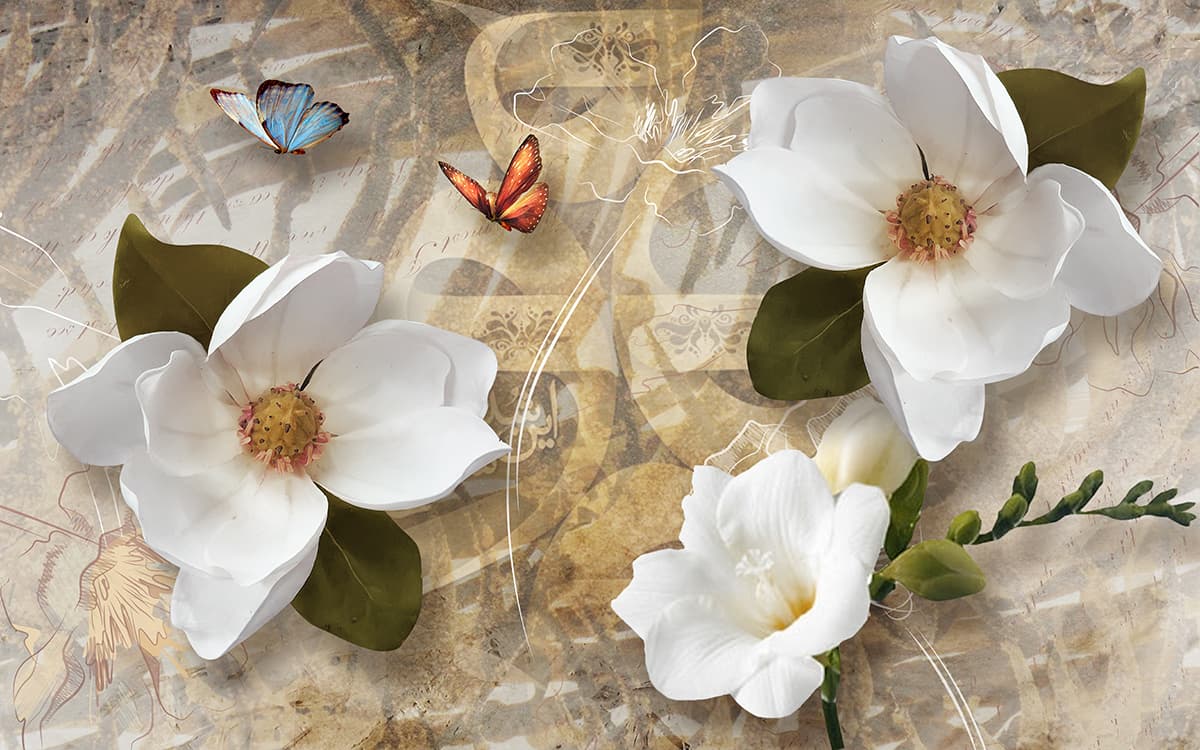 3D Magnolia Flowers and Butterflies Wallpaper Mural pattern detail