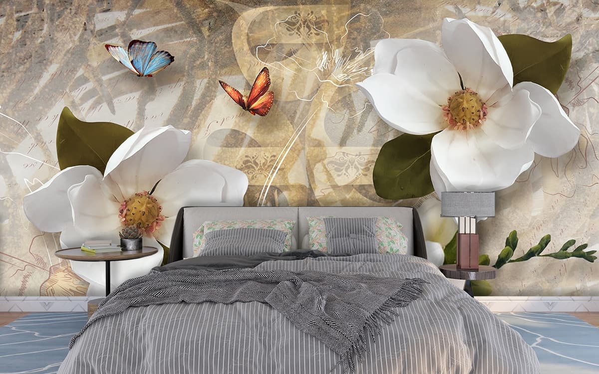 3D Magnolia Flowers and Butterflies Wallpaper Mural shown in a room