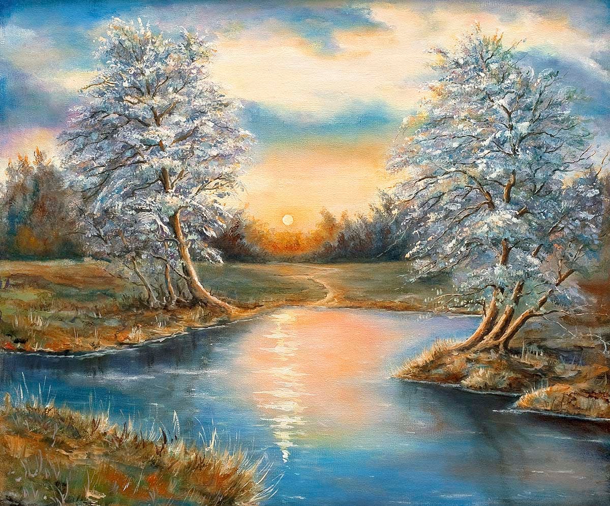 Watercolor River with Trees and Grass Wallpaper pattern detail