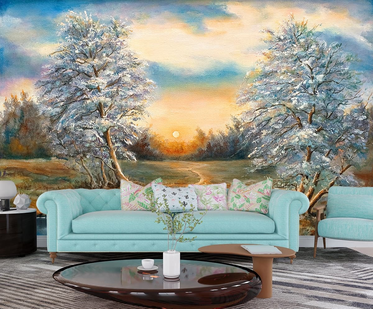 Watercolor River with Trees and Grass Wallpaper shown in a room