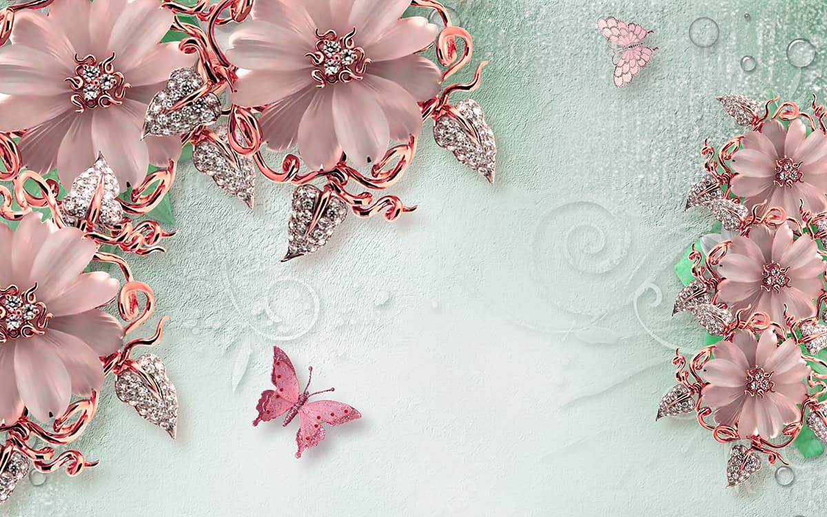 Pink Flowers and Butterflies Charming Wallpaper pattern detail