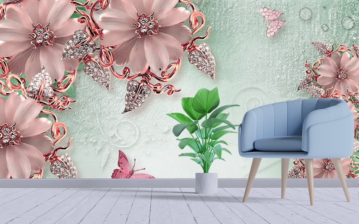Pink Flowers and Butterflies Charming Wallpaper shown in a room