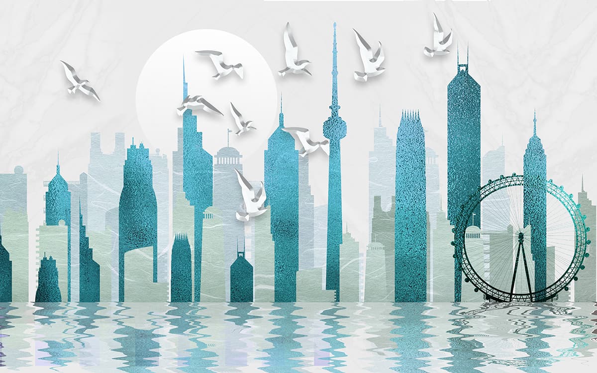 Vintage clock tower skyline with birds in motion wallpaper pattern detail