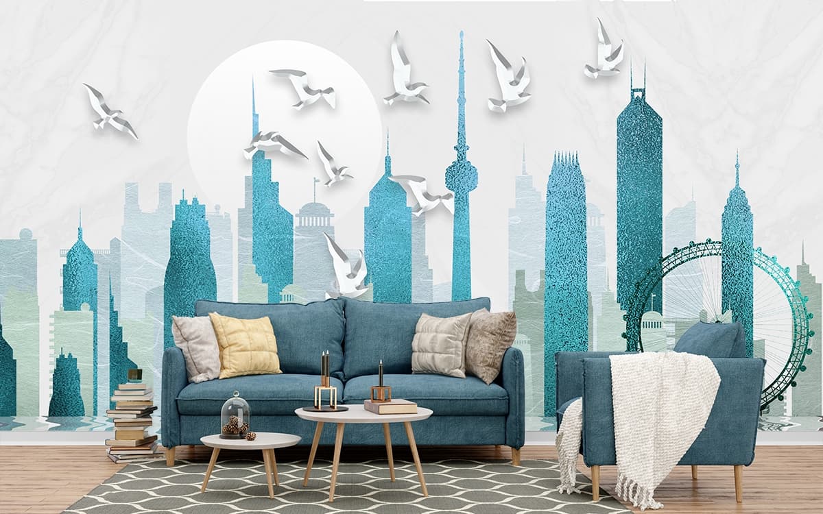 Vintage clock tower skyline with birds in motion wallpaper shown in a room