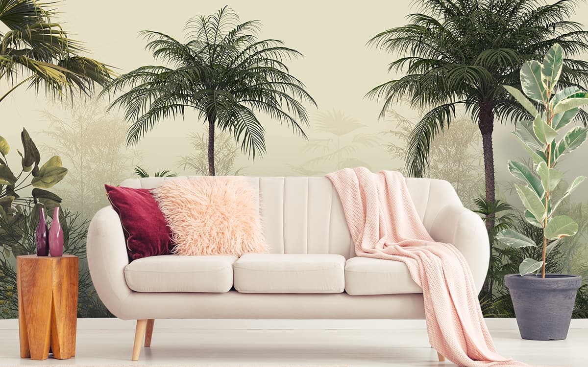 Tropical Palm Trees and Plants Wallpaper shown in a room