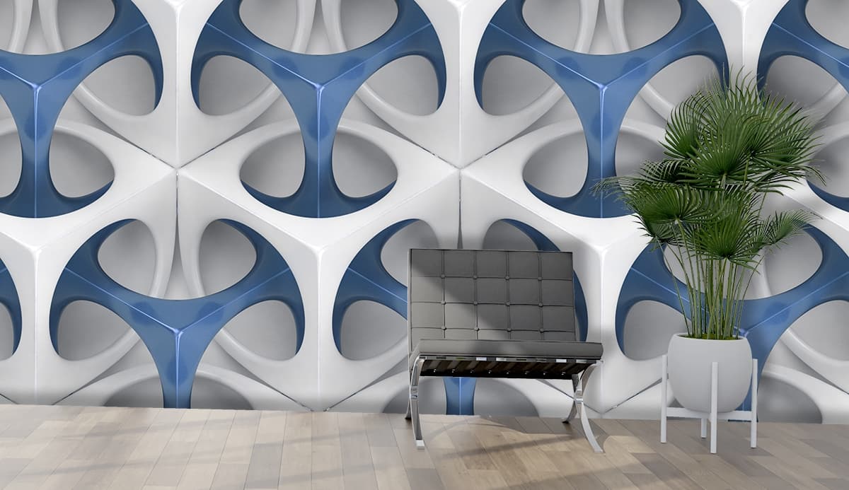 A group of white and blue cubes shown in a room