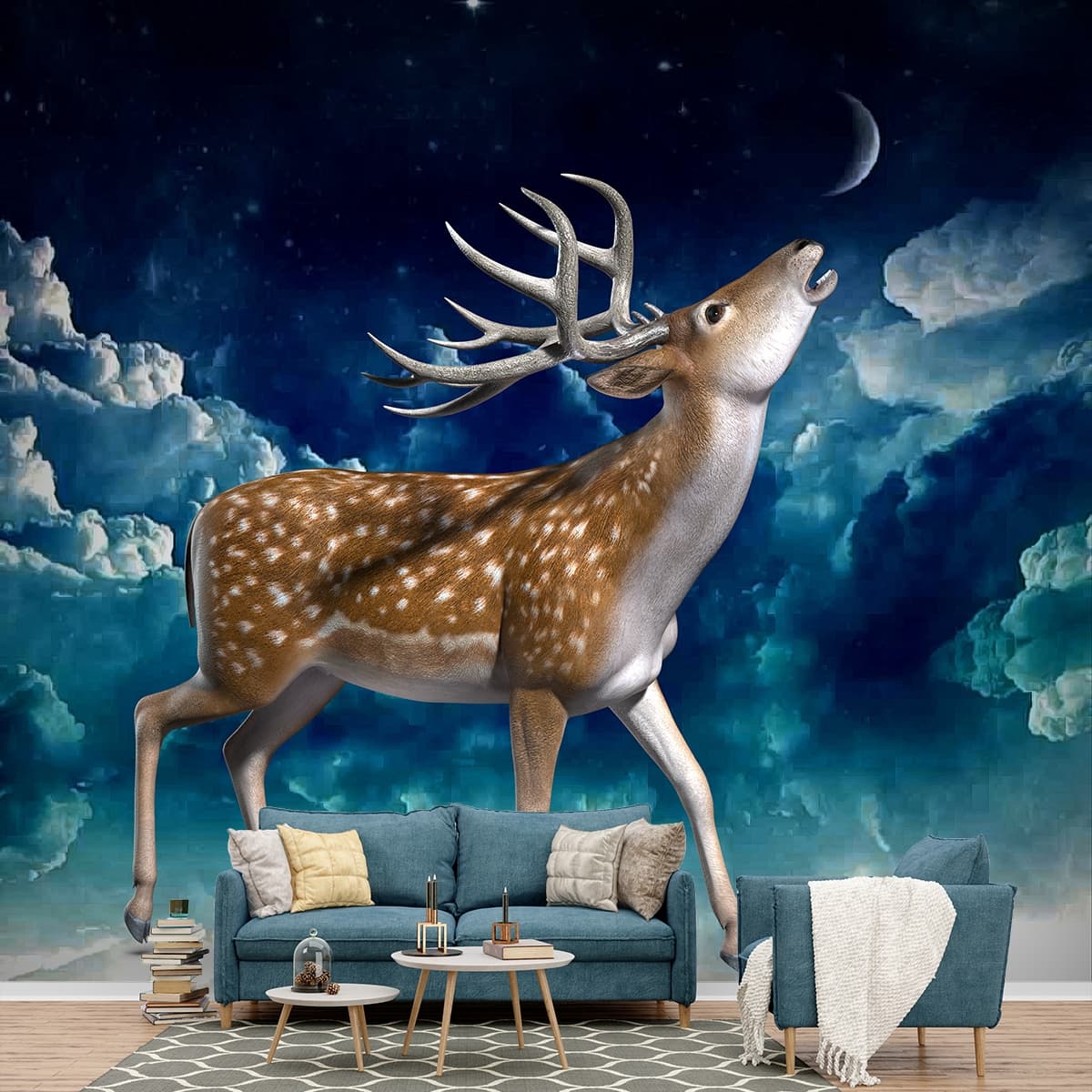 3D Deer and Moon Wallpaper shown in a room