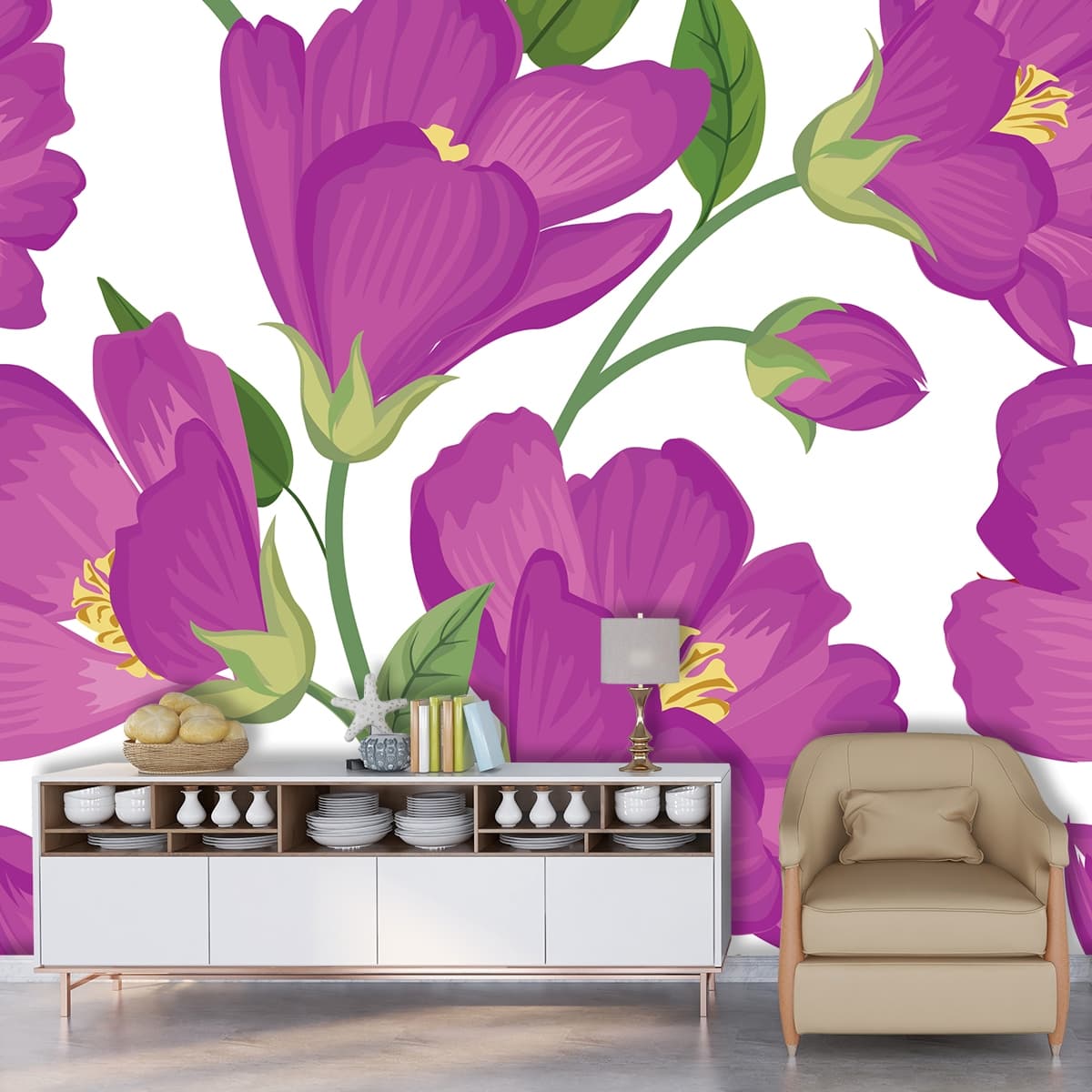 A purple flowers with green leaves shown in a room
