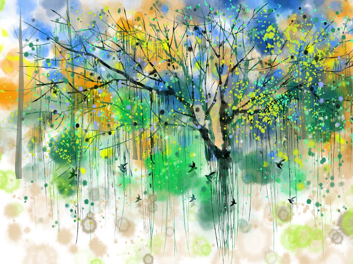 Tree with Flying Birds Nature-Inspired Wall Design Wallpaper pattern detail