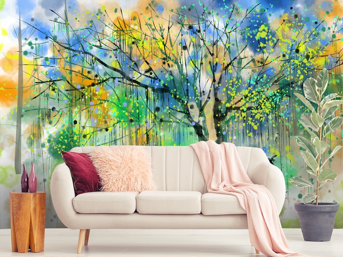 Tree with Flying Birds Nature-Inspired Wall Design Wallpaper shown in a room