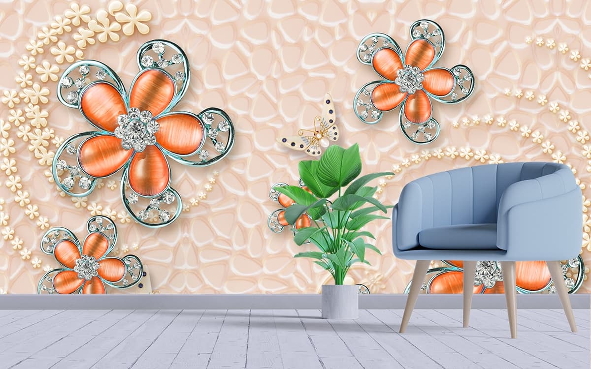 Serene Flowers and Butterflies Decorative Wallpaper shown in a room