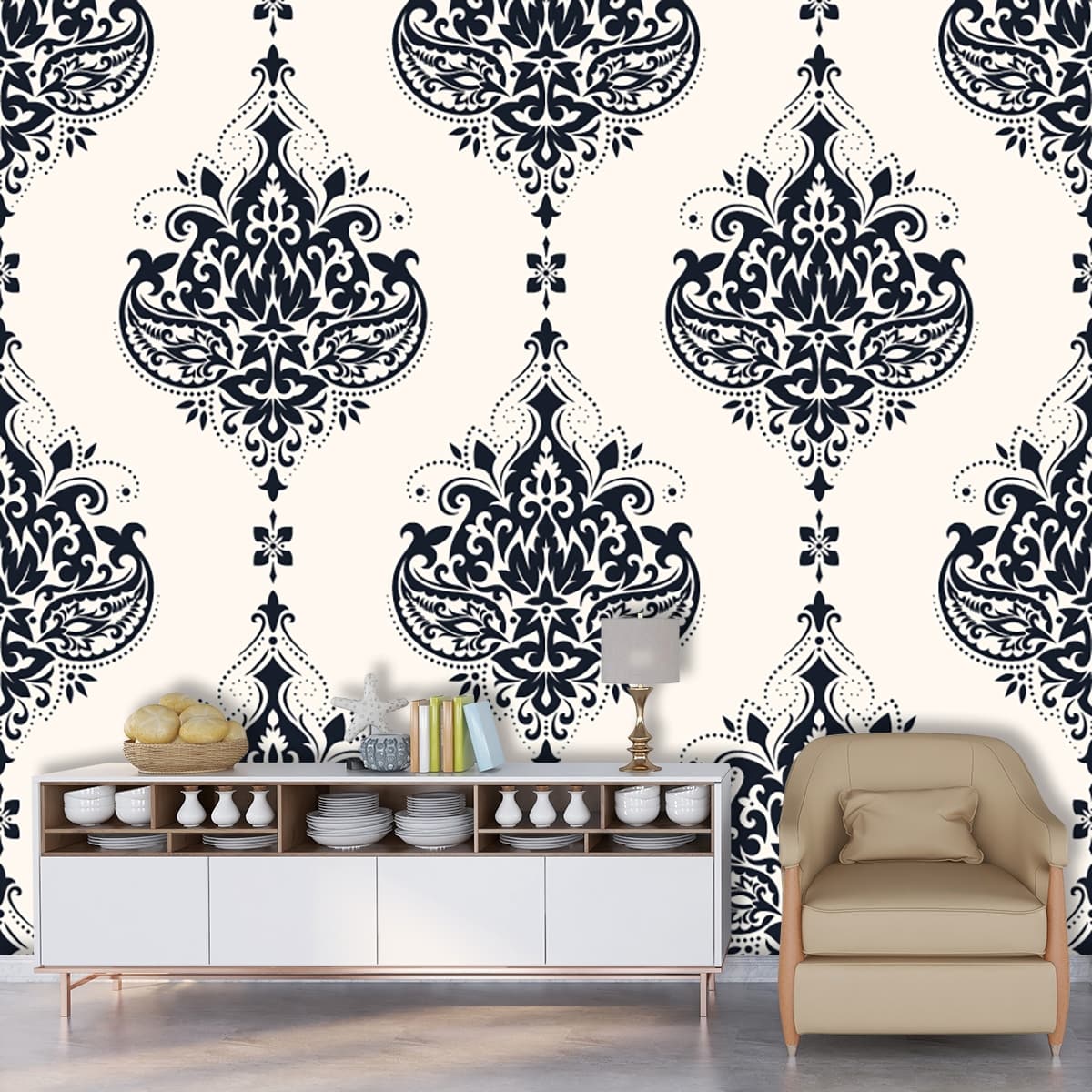Black and White Paisley Pattern Wallpaper shown in a room