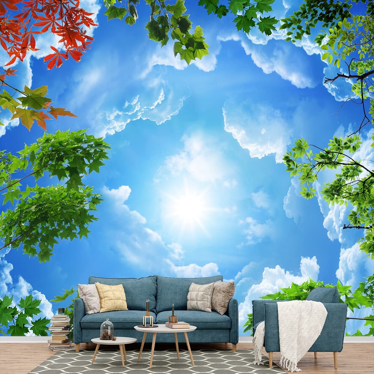 Mesmerizing Clouds and Trees Wallpaper for Ceiling shown in a room