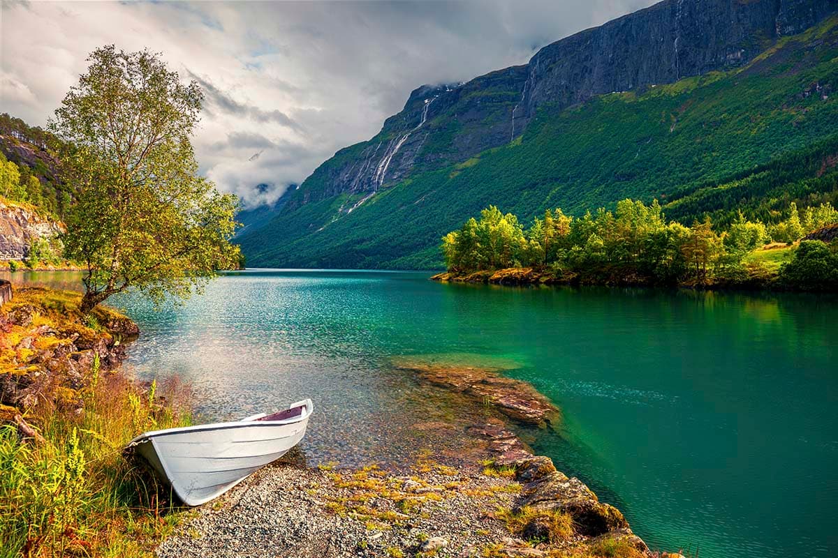 A boat on the shore of a lake pattern detail