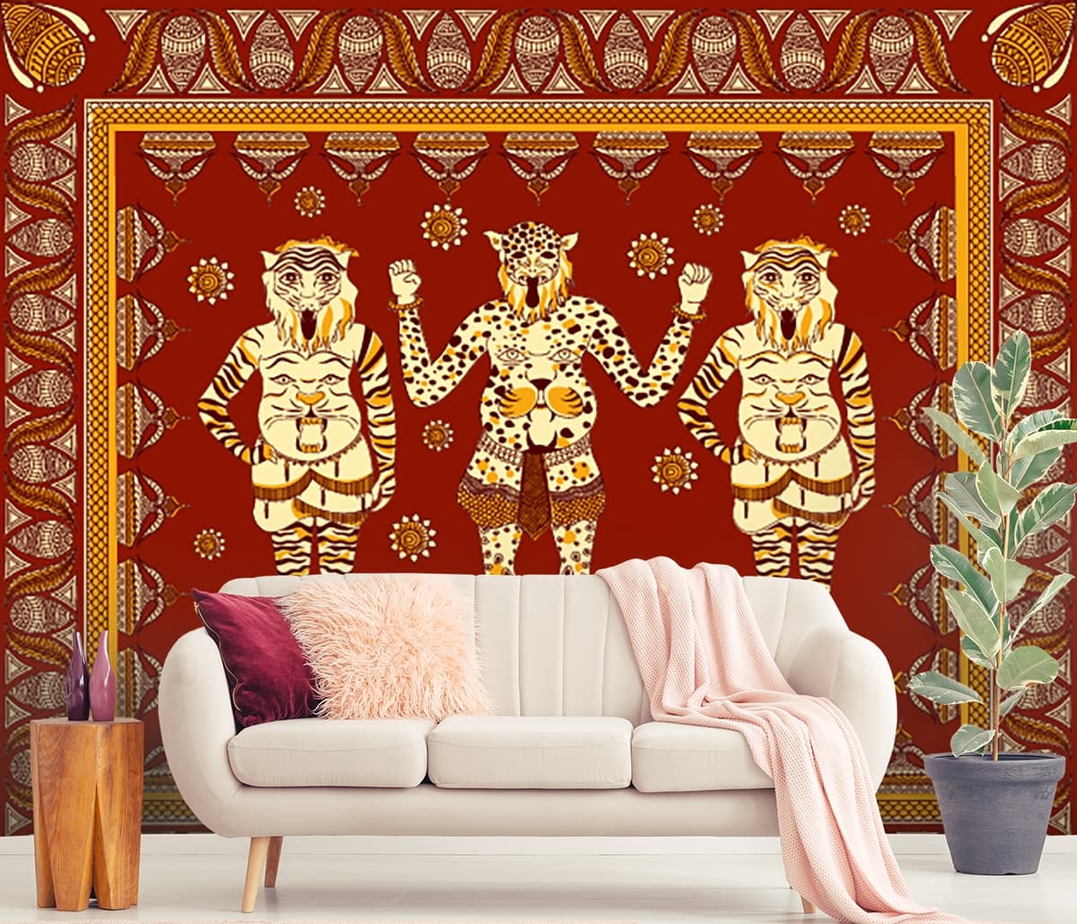 Traditional Indian Heritage Tiger Scene Wall Wallpaper shown in a room