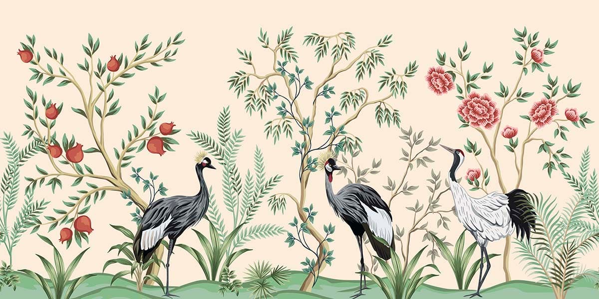 Elegant Crane Garden Wallpaper Mural pattern detail