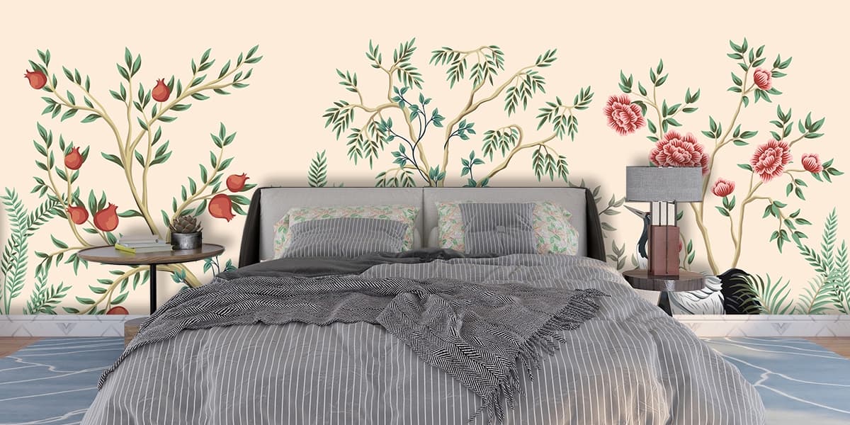 Elegant Crane Garden Wallpaper Mural shown in a room