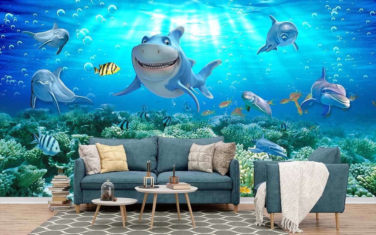 Friendly Shark Reef Wallpaper shown in a room