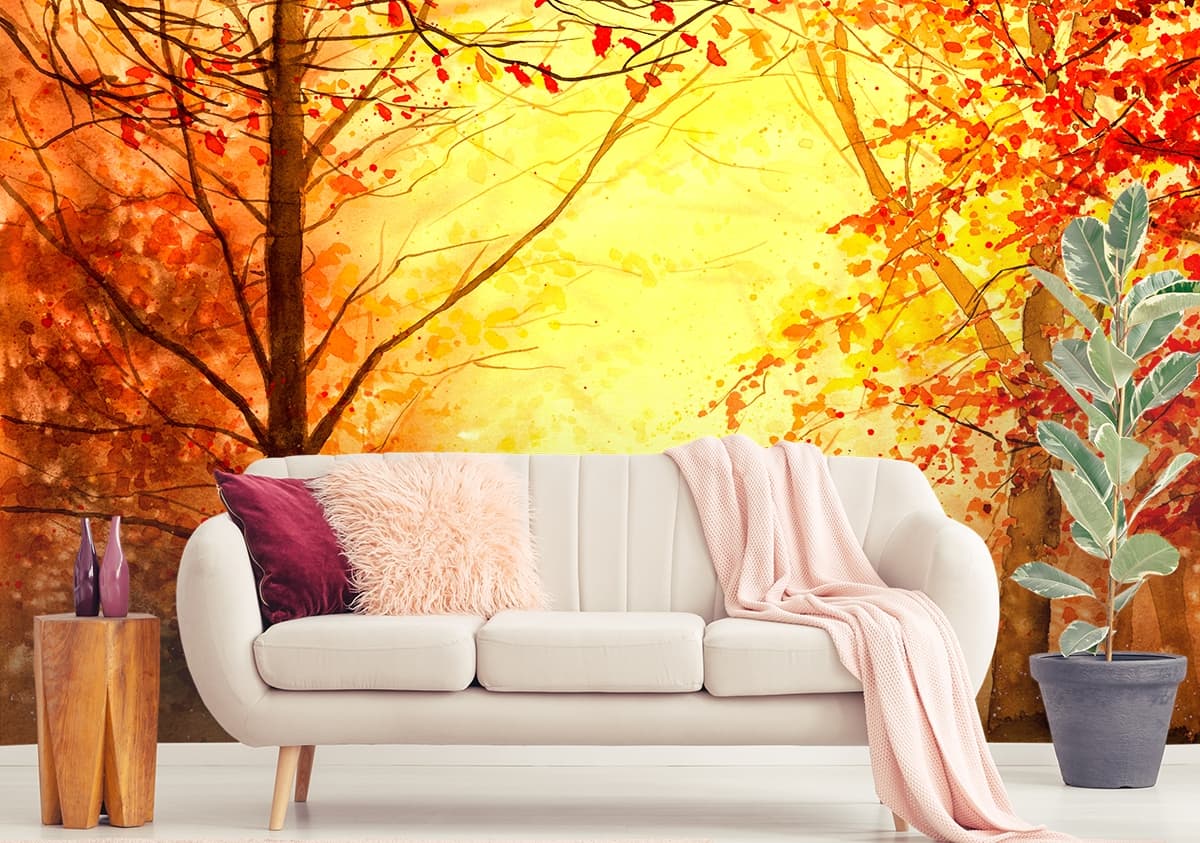 Autumn Forest Watercolor Nature Wallpaper shown in a room
