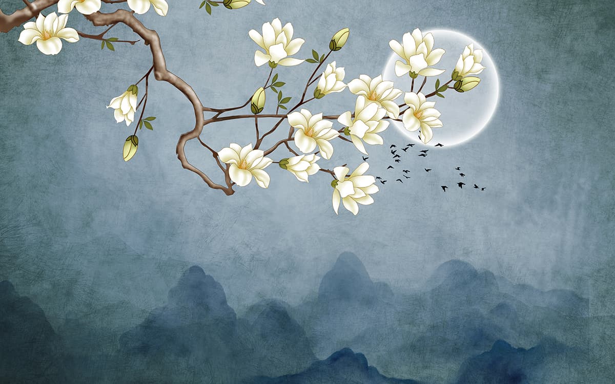 White Flower Tree Branch Painting Botanical wallpaper pattern detail