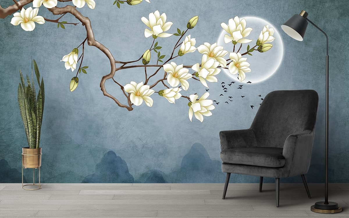 White Flower Tree Branch Painting Botanical wallpaper shown in a room