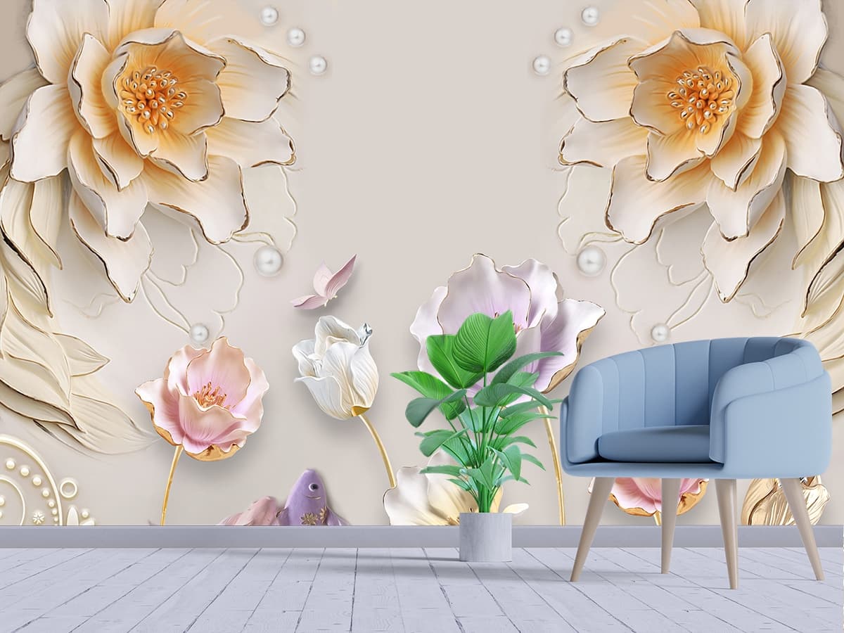 Elegant 3D Floral Blossom Pattern Wallpaper shown in a room