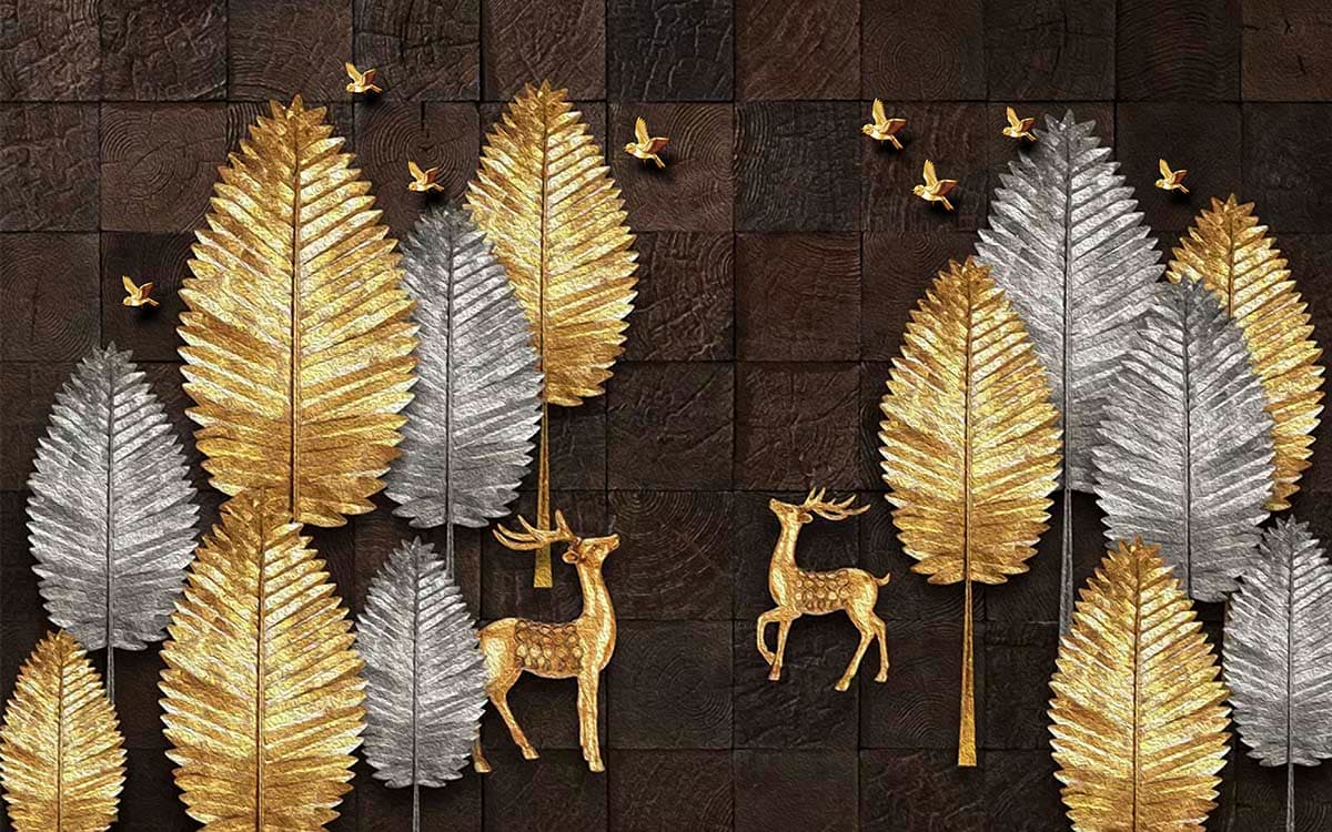 Elegant Gold Silver Deer and Leaves wallpaper pattern detail