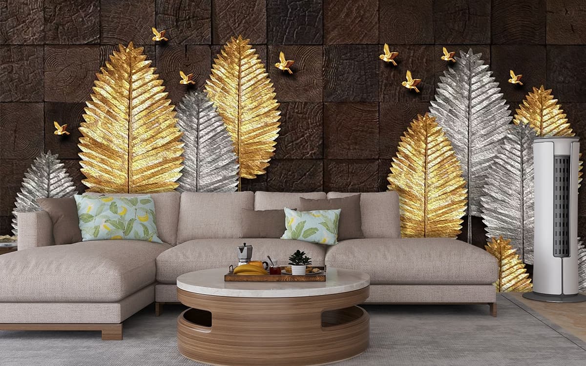 Elegant Gold Silver Deer and Leaves wallpaper shown in a room