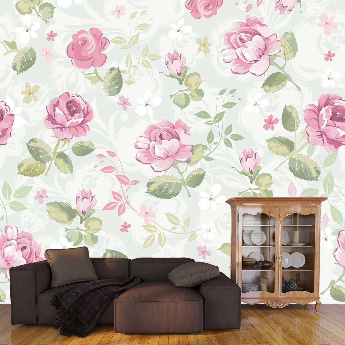 Watercolour Pink Roses Motifs Wallpaper for Bedroom shown in a room