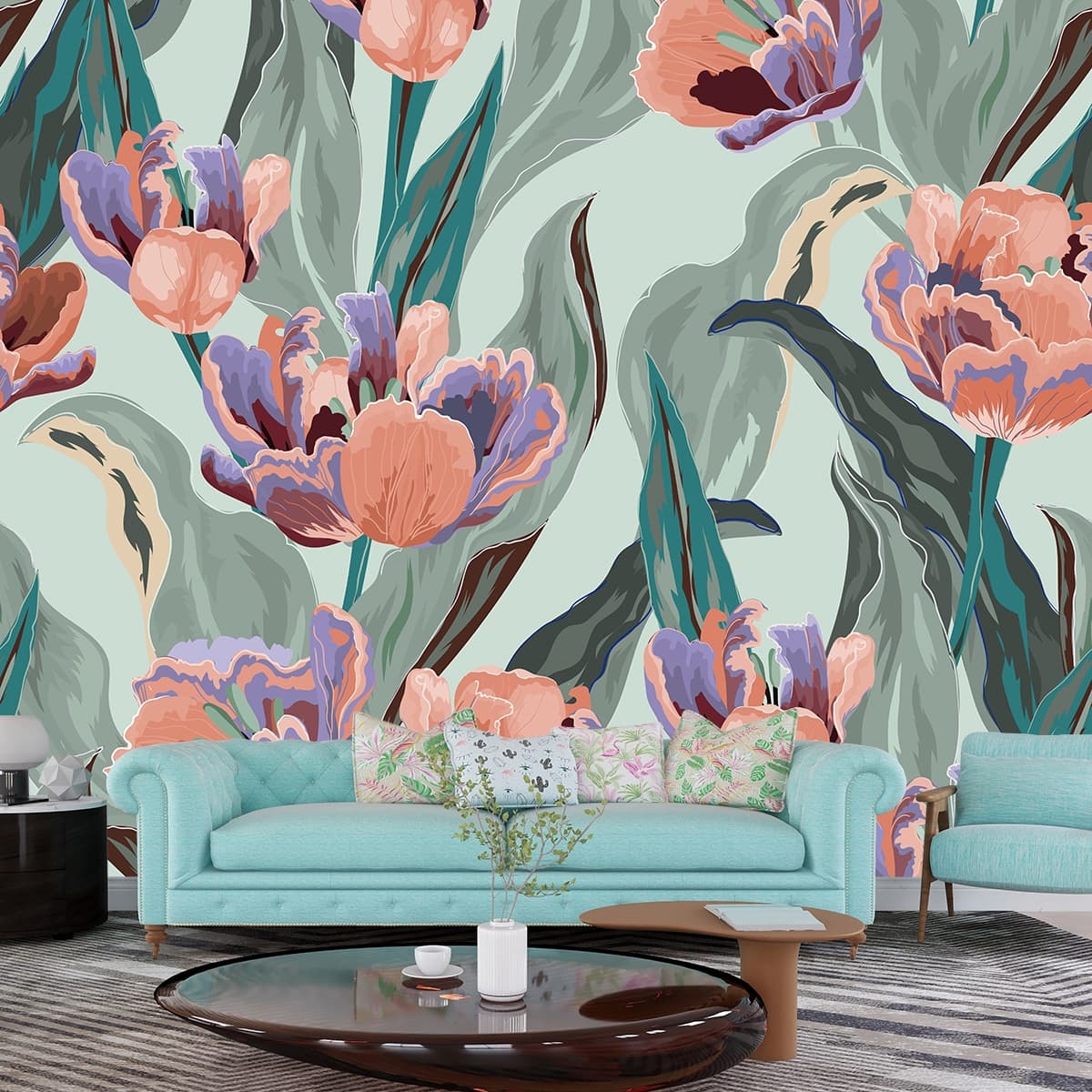 Floral Pattern Wallpaper - Flowers and Leaves shown in a room