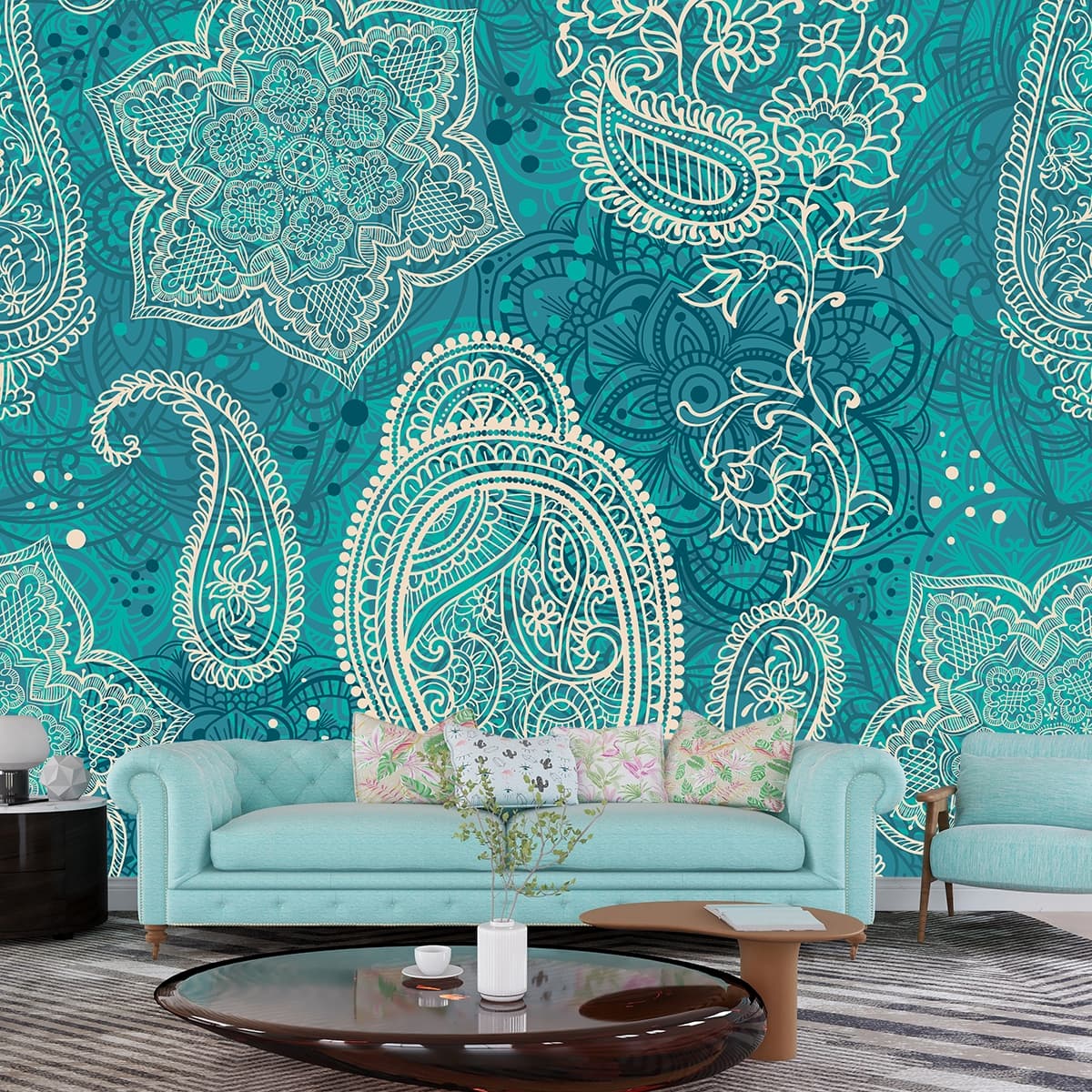 Blue Indian Paisley Pattern Wallpaper for Walls shown in a room
