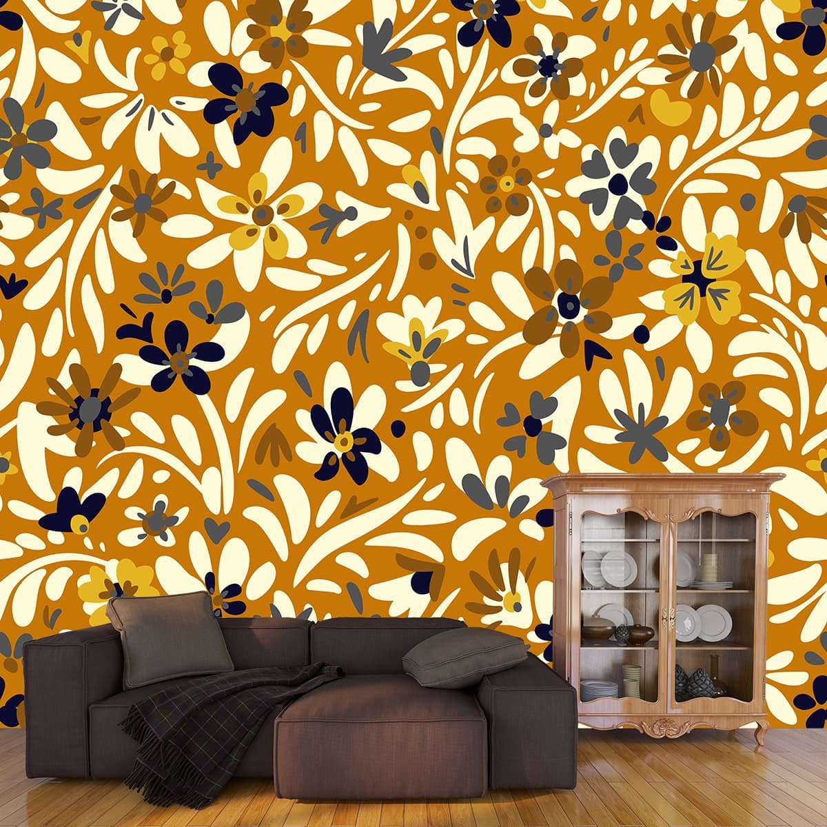 A Retro Blossom Wallpaper Mural Blooms and Foliage shown in a room